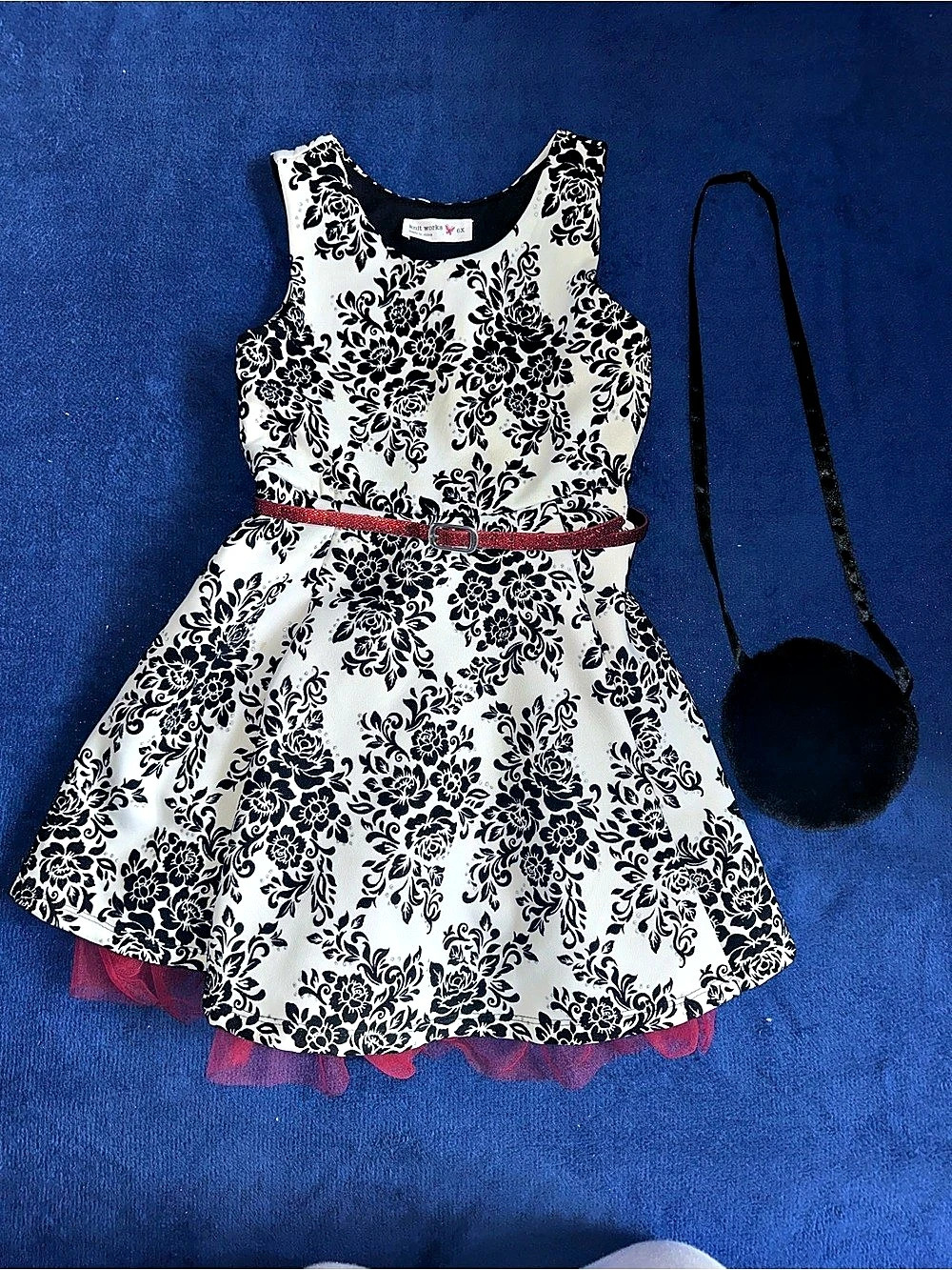 Knit Works Girls Floral Dress Size 6X Black White Red w/ Belt & Mini Purse